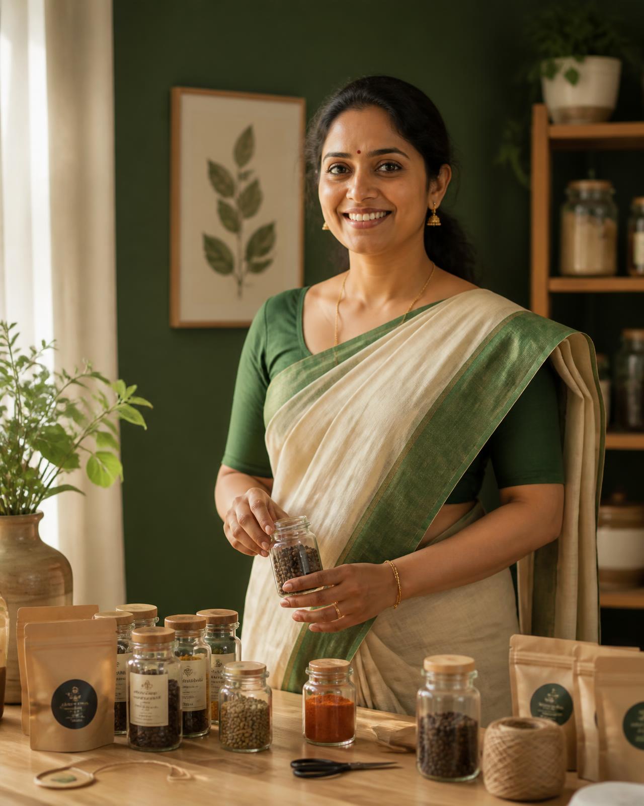 കായപ്പൊടി bottles-ഉം packaging materials-ഉം ഉപയോഗിച്ച് സ്വന്തം brand ഒരുക്കുന്ന കേരള വനിതാ സംരംഭക
