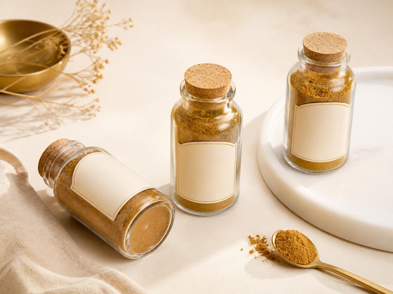 കായപ്പൊടി നിറച്ച glass bottles — സ്വന്തം brand label-നായി തയ്യാർ